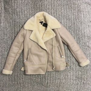 NEW LOOK Winter Aviator Style Leather Jacket Coat with Fur Lining